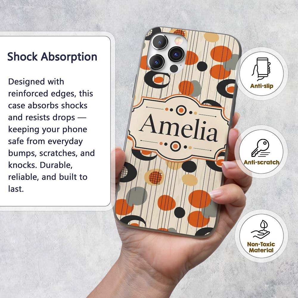 Abstract Black Orange Mid Century Atomic Shapes Custom Name Protective Phone Case Mobile Cover Durable Everyday Smartphone Shock Resistant