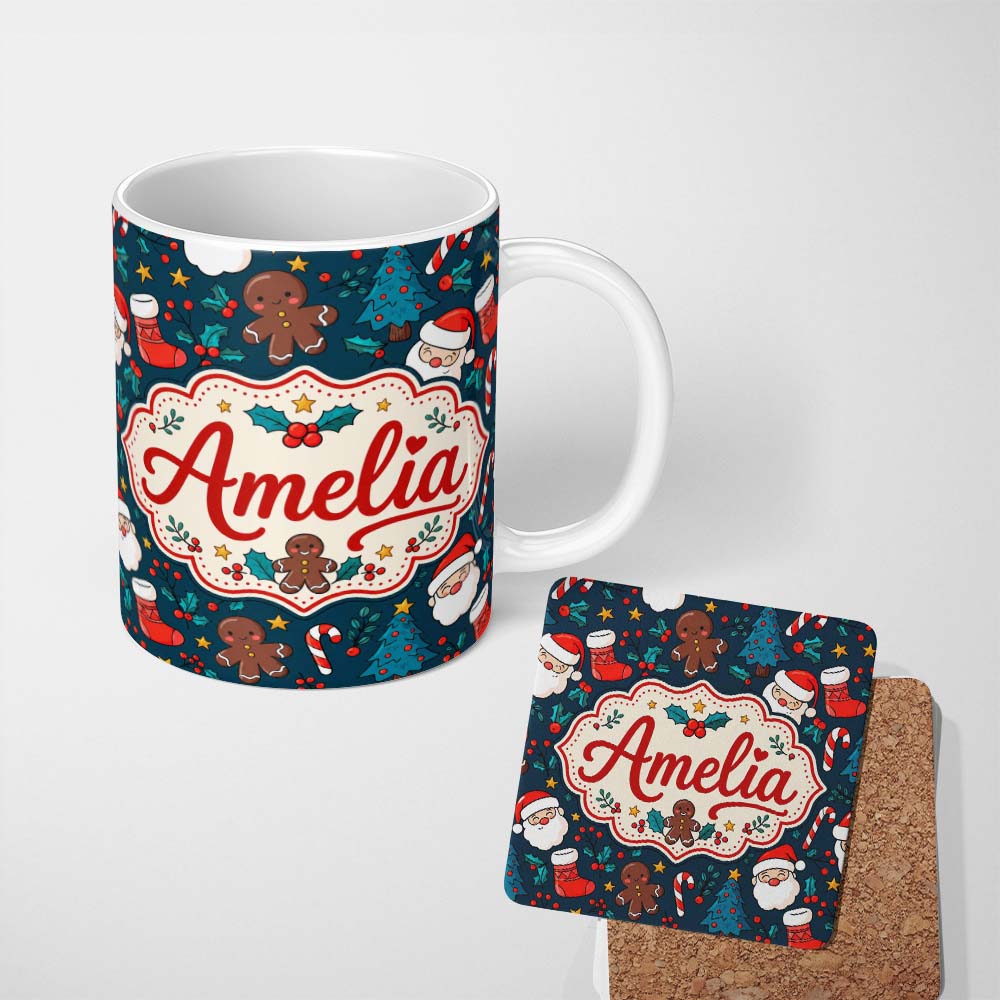 Personalized Custom Name Cute Gingerbread Santa Tree Candy Cane Seamless Pattern Christmas 11oz Ceramic Coffee Tea Mug White Large Handle