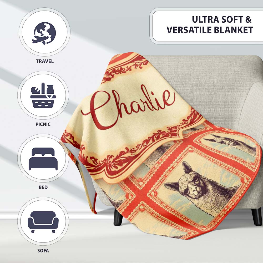 Alpaca Sketch Frame Rustic Vintage Animal Pattern Cute Unique Gift Personalised Custom Name Super Soft Fleece Blanket Bed Sofa Throw