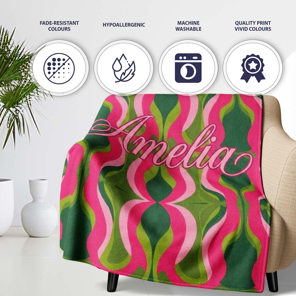 Pink Green Curved Wave Symmetry Seamless Pattern Cute Unique Gift Personalised Custom Name Super Soft Fleece Blanket Bed Sofa Throw