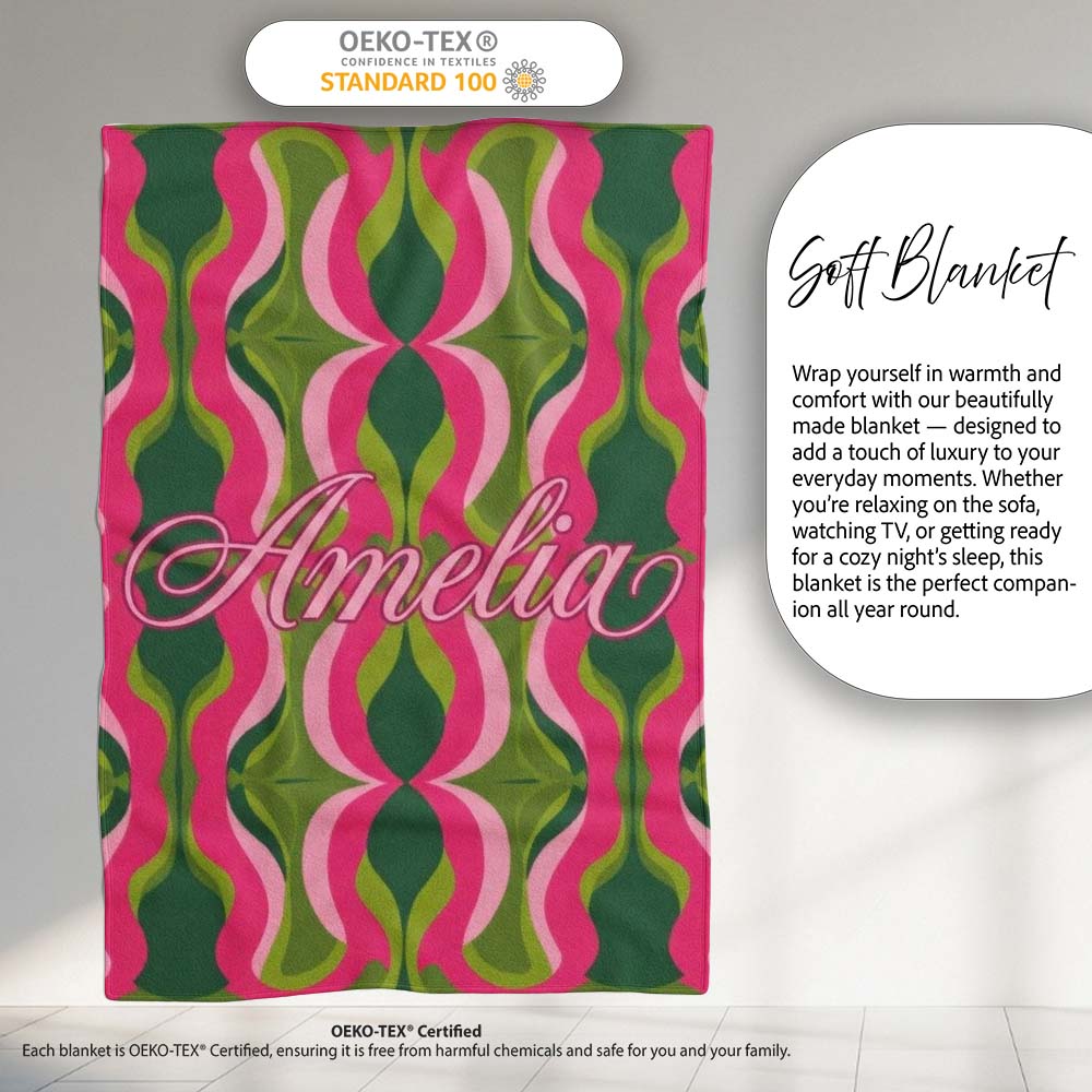 Pink Green Curved Wave Symmetry Seamless Pattern Cute Unique Gift Personalised Custom Name Super Soft Fleece Blanket Bed Sofa Throw