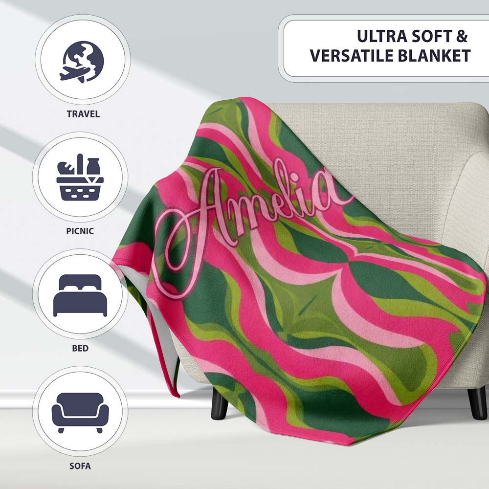 Pink Green Curved Wave Symmetry Seamless Pattern Cute Unique Gift Personalised Custom Name Super Soft Fleece Blanket Bed Sofa Throw