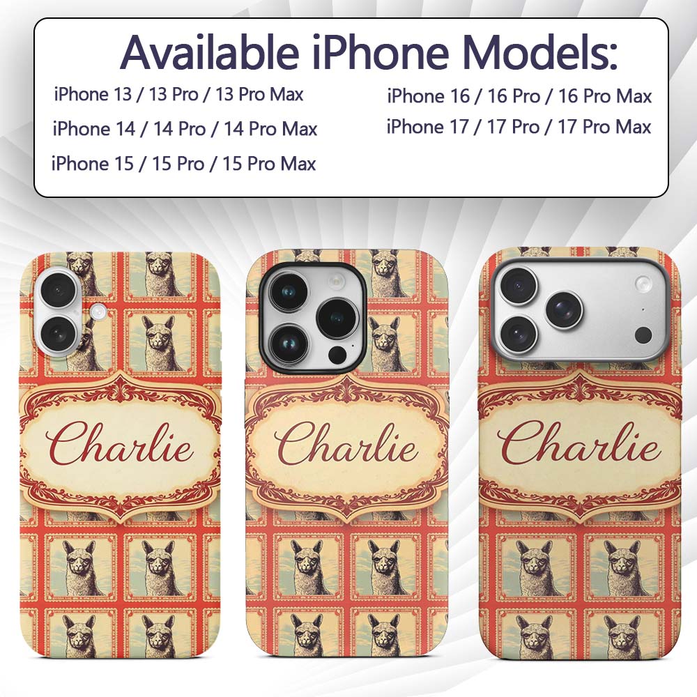 Alpaca Sketch Frame Rustic Vintage Animal Pattern Custom Name Protective Phone Case Mobile Cover Durable Everyday Smartphone Shock Resistant
