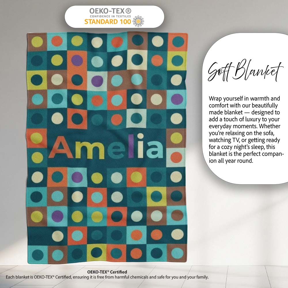 Multicolor Dot Grid Bold Seamless Pattern Thoughtful Gift Idea Personalised Custom Name Super Soft Fleece Blanket Bed Sofa Throw