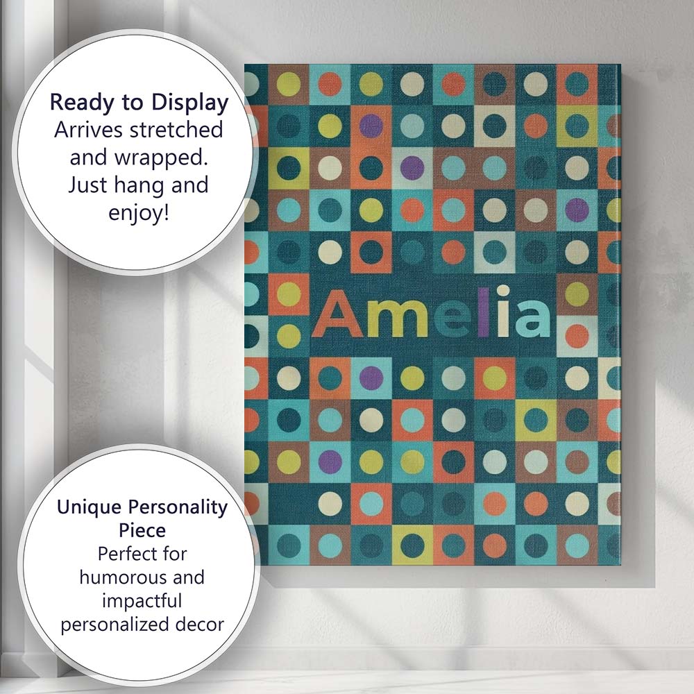 Personalised Name Multicolor Dot Grid Bold Custom Unique Gift Idea Elegant Feature Canvas Wall Art Print Decor Picture Ready to Hang