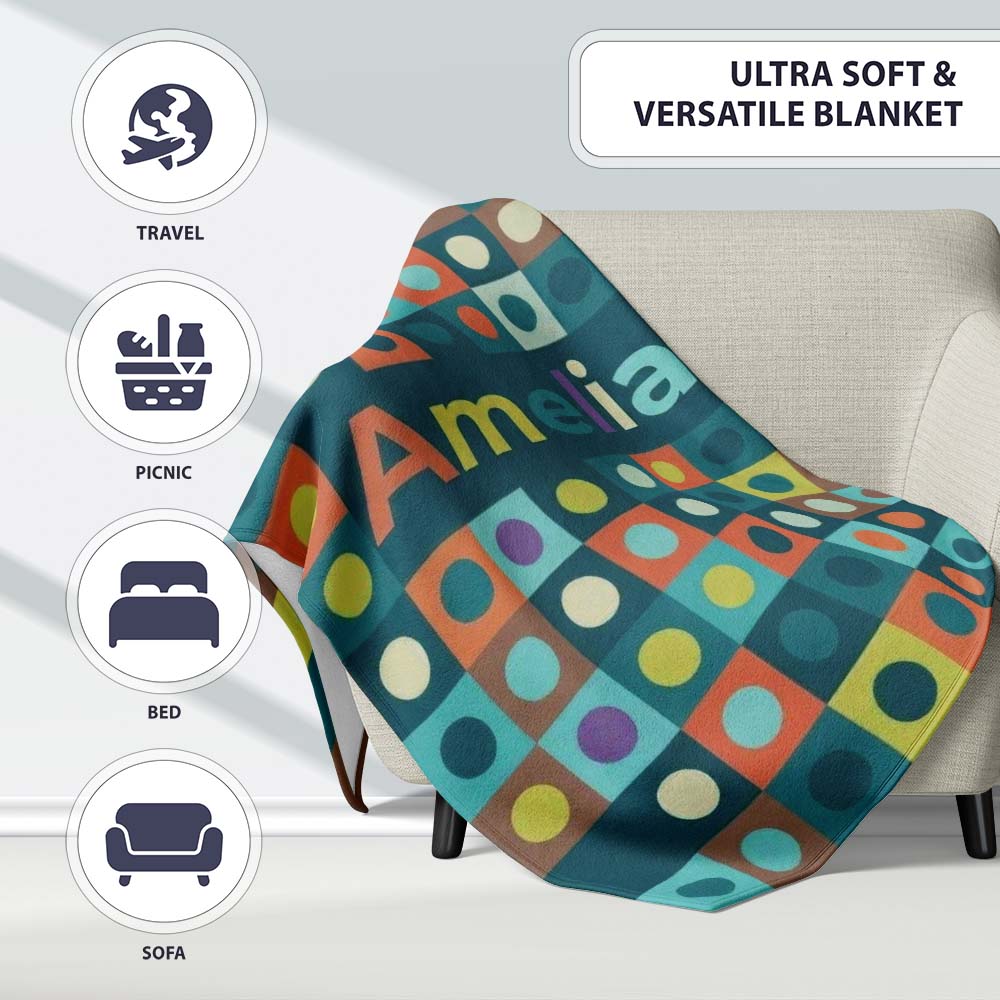 Multicolor Dot Grid Bold Seamless Pattern Thoughtful Gift Idea Personalised Custom Name Super Soft Fleece Blanket Bed Sofa Throw