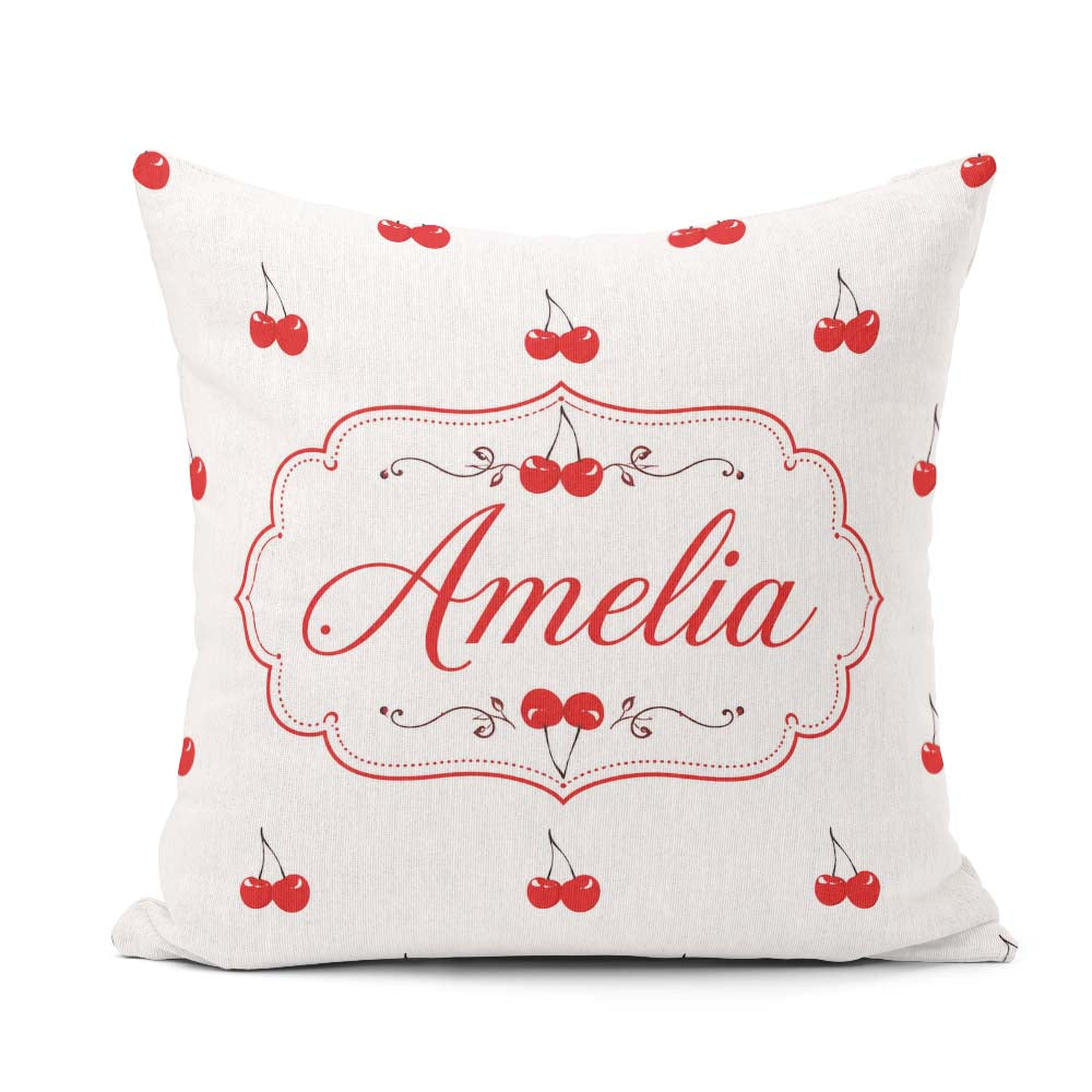 Custom Name Minimal Cherry Fruit Cute Seamless Pattern on Grey Square Filled Cushion Throw Pillow Sofa Bed Home Decor Zip Washable UK Made