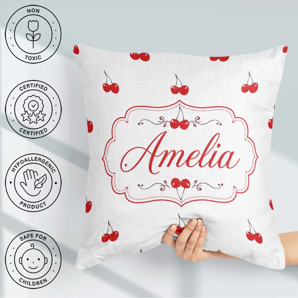 Custom Name Minimal Cherry Fruit Cute Seamless Pattern on Grey Square Filled Cushion Throw Pillow Sofa Bed Home Decor Zip Washable UK Made