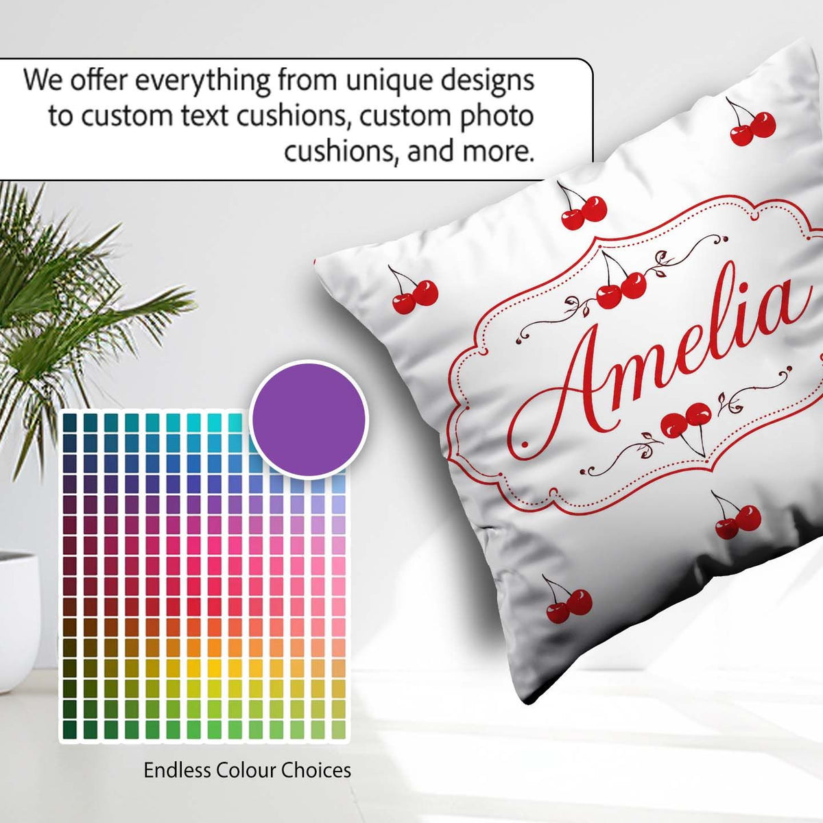 Custom Name Minimal Cherry Fruit Cute Seamless Pattern on Grey Square Filled Cushion Throw Pillow Sofa Bed Home Decor Zip Washable UK Made
