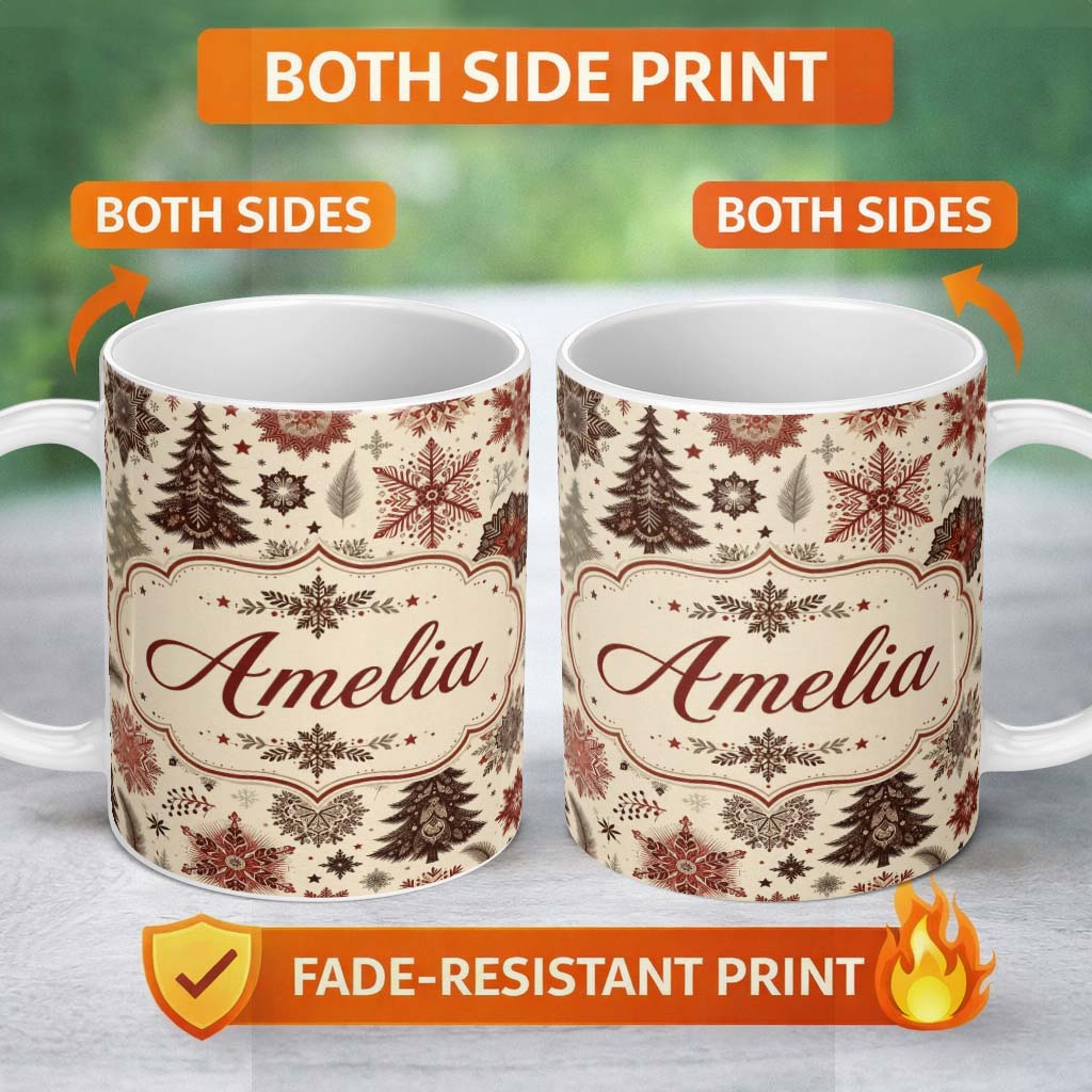 Personalized Custom Name Elegant Snowflake Winter Pattern Pine Trees Red Neutral Seamless 11oz Ceramic Coffee Tea Mug White Large Handle