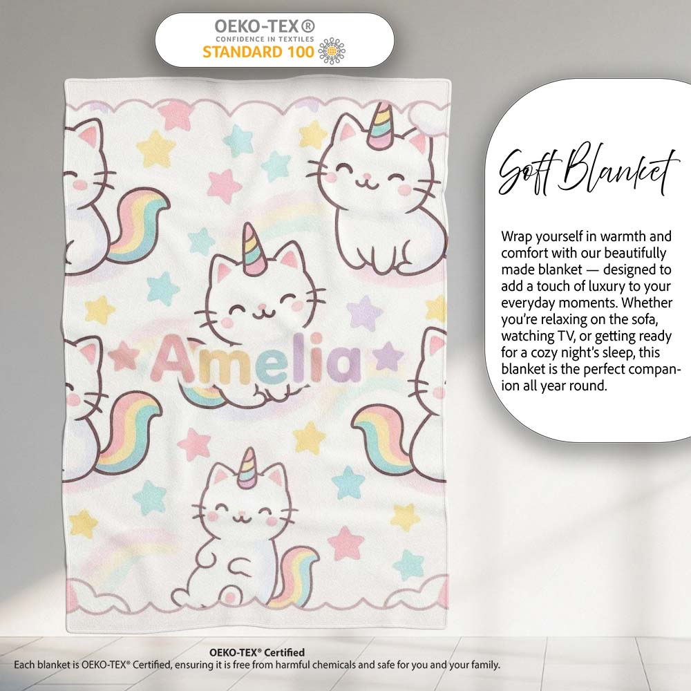Cute Rainbow Unicorn Cat Cartoon Animal Pattern Perfect Gift for Her Personalised Custom Name Super Soft Fleece Blanket Bed Sofa Throw
