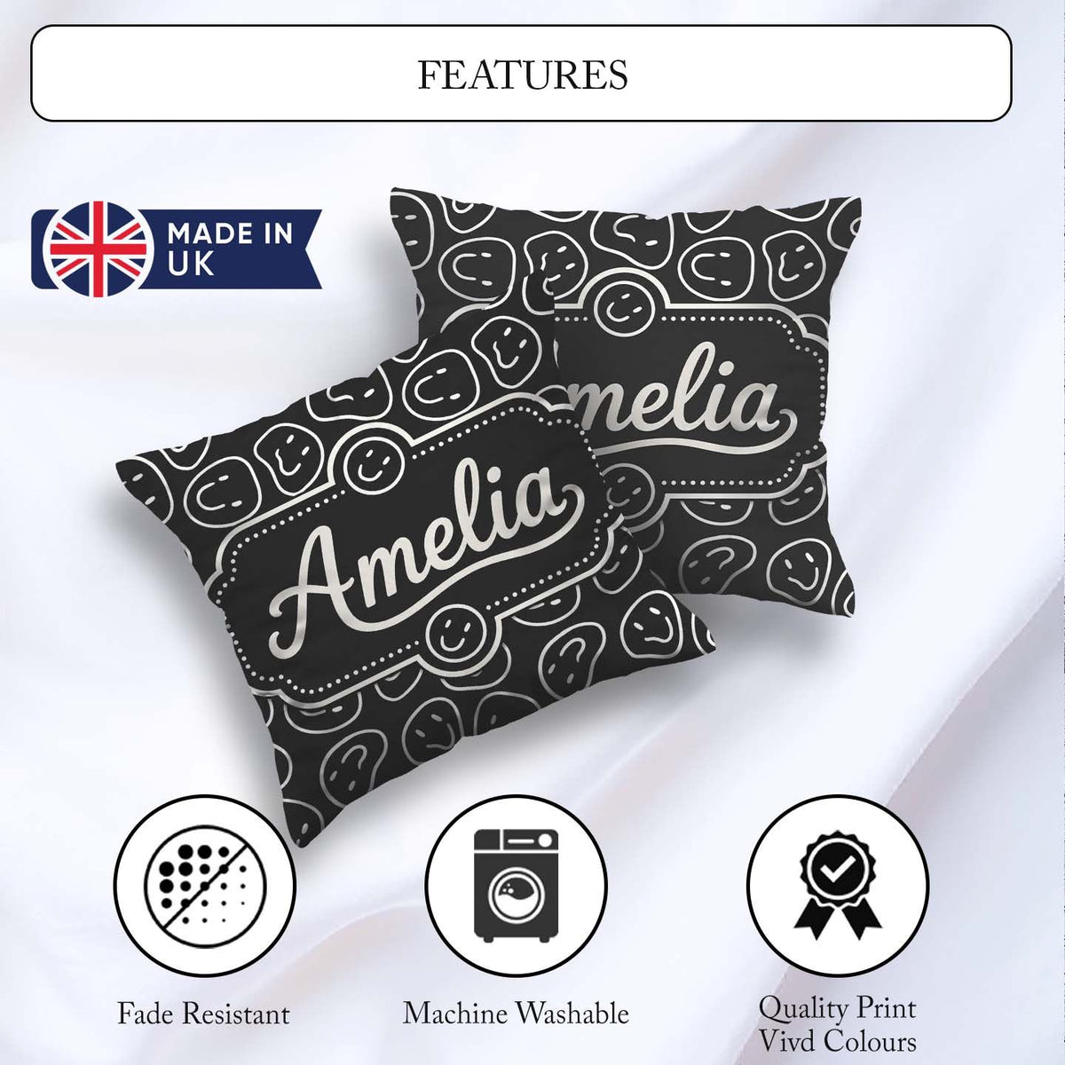 Custom Name Abstract Black White Doodle Faces Seamless Pattern Square Filled Cushion Throw Pillow Sofa Bed Home Decor Zip Washable UK Made