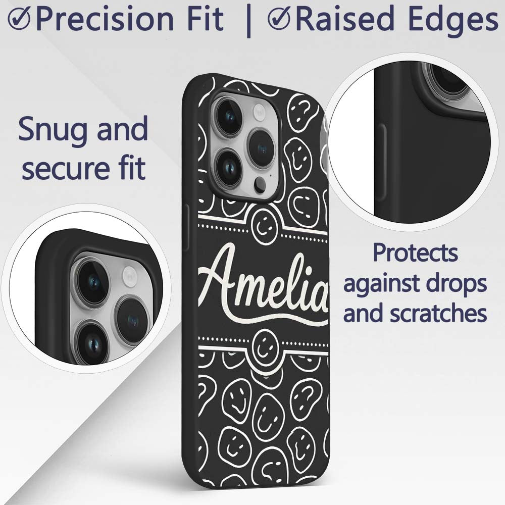 Abstract Black White Doodle Faces Printed Design Custom Name Protective Phone Case Mobile Cover Durable Everyday Smartphone Shock Resistant