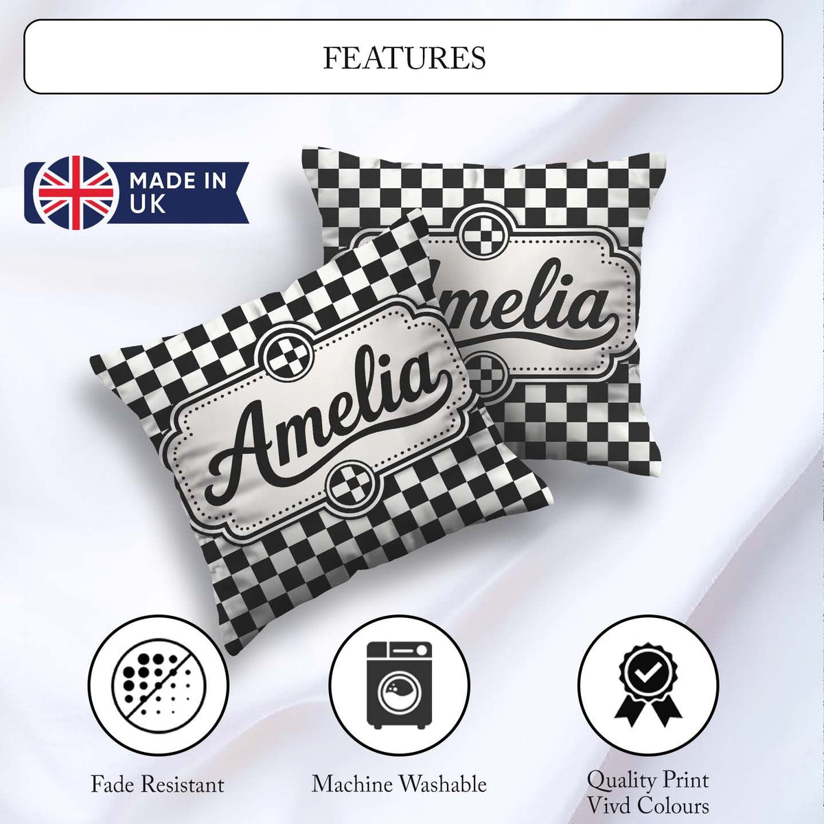 Custom Name Classic Black White Checkerboard Seamless Pattern Square Filled Cushion Throw Pillow Sofa Bed Home Decor Zip Washable UK Made
