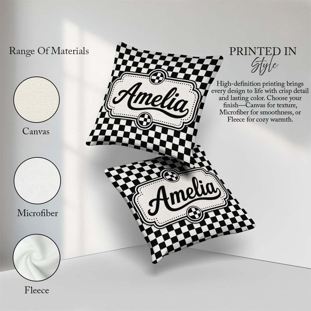 Custom Name Classic Black White Checkerboard Seamless Pattern Square Filled Cushion Throw Pillow Sofa Bed Home Decor Zip Washable UK Made