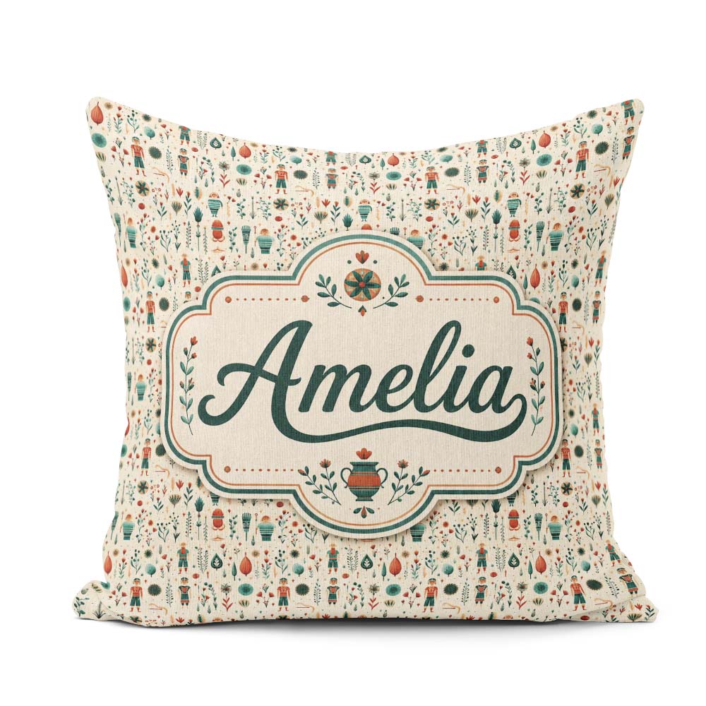 Custom Name Scandinavian Folk Art and Character Seamless Pattern Square Filled Cushion Throw Pillow Sofa Bed Home Decor Zip Washable UK Made