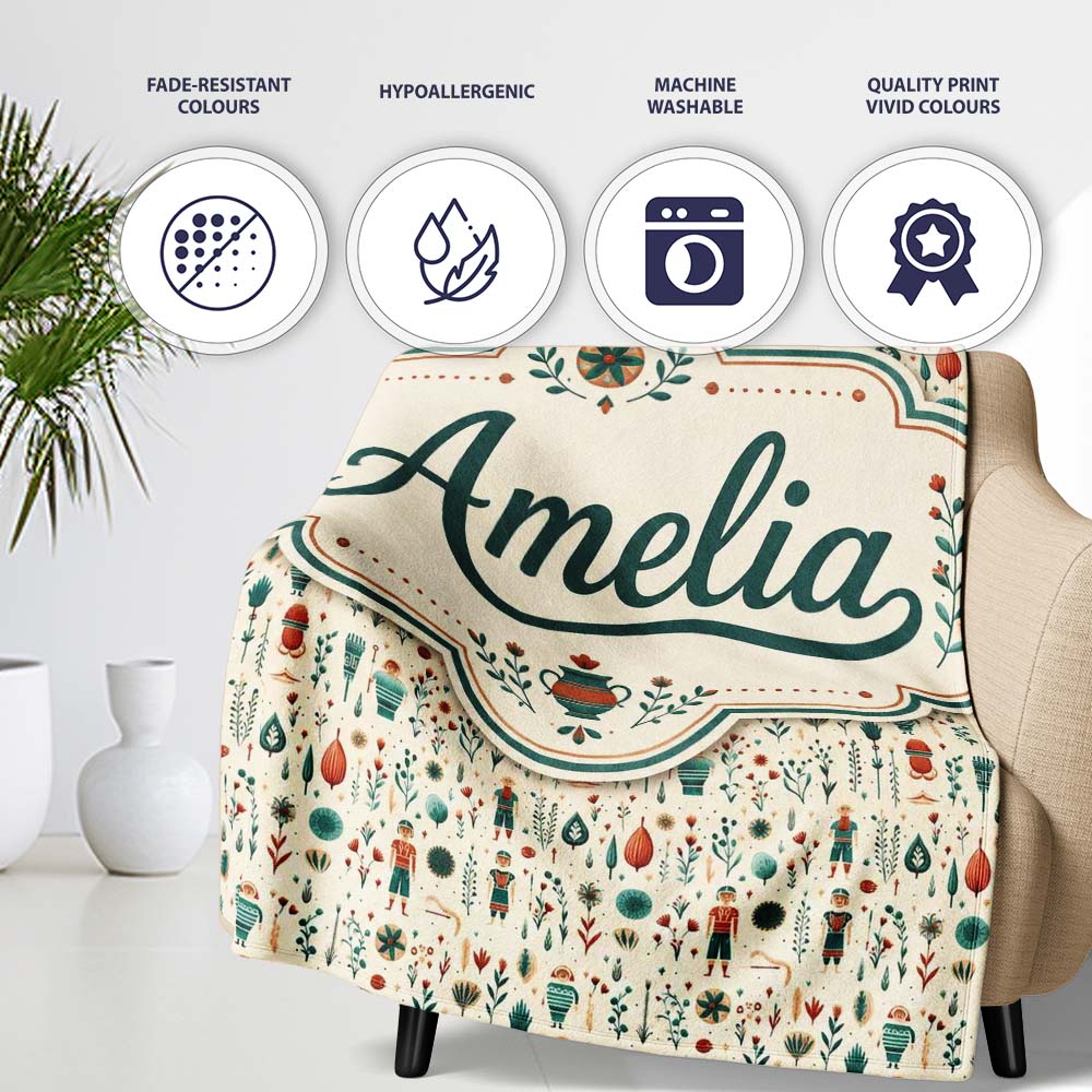 Scandinavian Folk Art Floral and Character Seamless Pattern Nordic Personalised Custom Name Super Soft Fleece Blanket Bed Sofa Throw