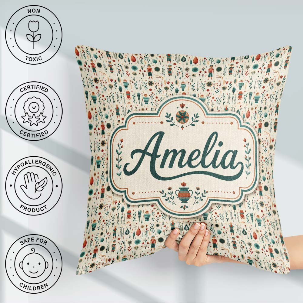 Custom Name Scandinavian Folk Art and Character Seamless Pattern Square Filled Cushion Throw Pillow Sofa Bed Home Decor Zip Washable UK Made