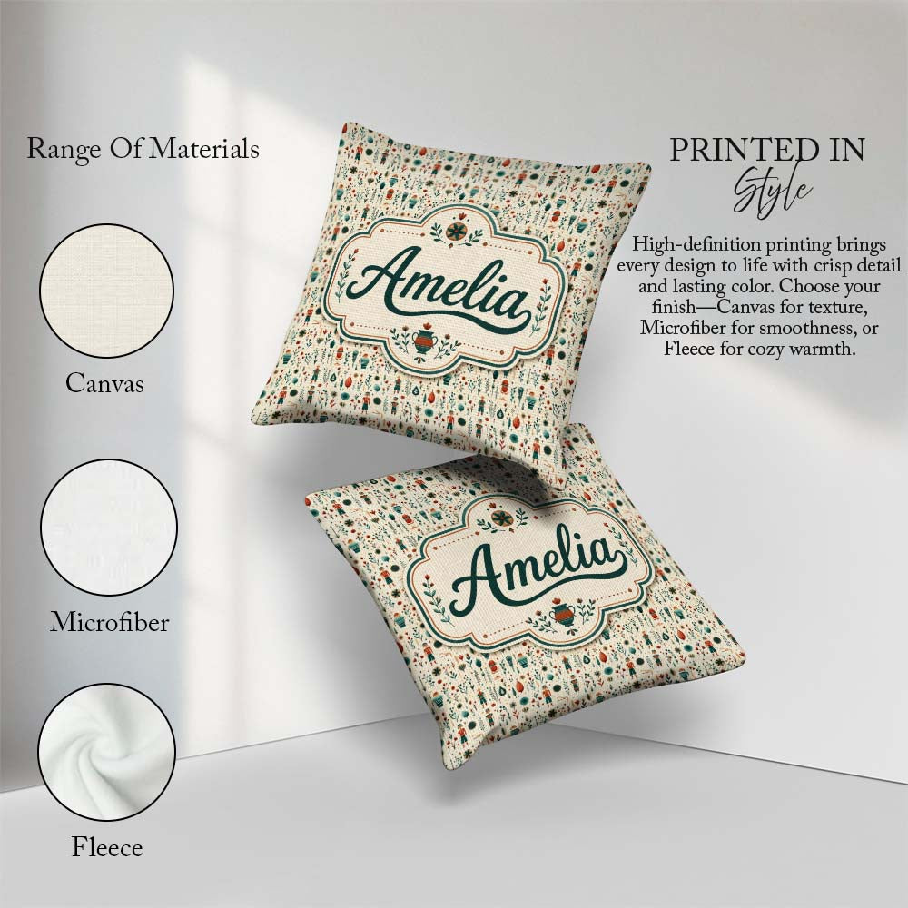 Custom Name Scandinavian Folk Art and Character Seamless Pattern Square Filled Cushion Throw Pillow Sofa Bed Home Decor Zip Washable UK Made
