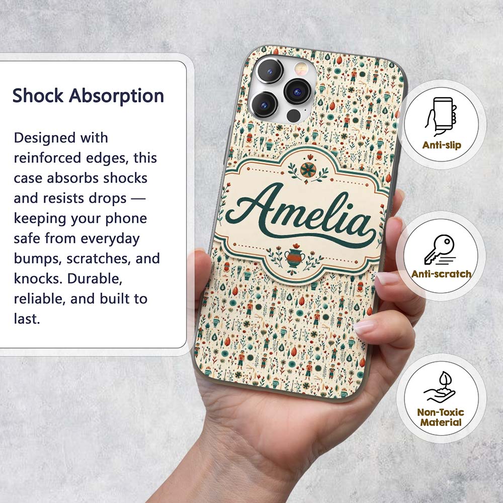 Scandinavian Folk Art Floral and Printed Design Custom Name Protective Phone Case Mobile Cover Durable Everyday Smartphone Shock Resistant