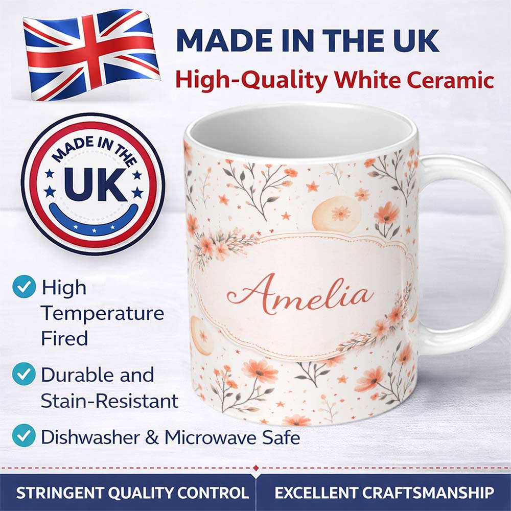 Personalized Custom Name Watercolor Peach Floral Moon Star Botanical Seamless Pattern Lovely 11oz Ceramic Coffee Tea Mug White Large Handle