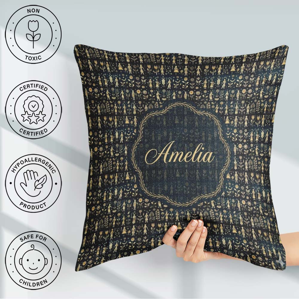 Custom Name Gold Botanical Folk Figures on Dark Seamless Pattern Square Filled Cushion Throw Pillow Sofa Bed Home Decor Zip Washable UK Made
