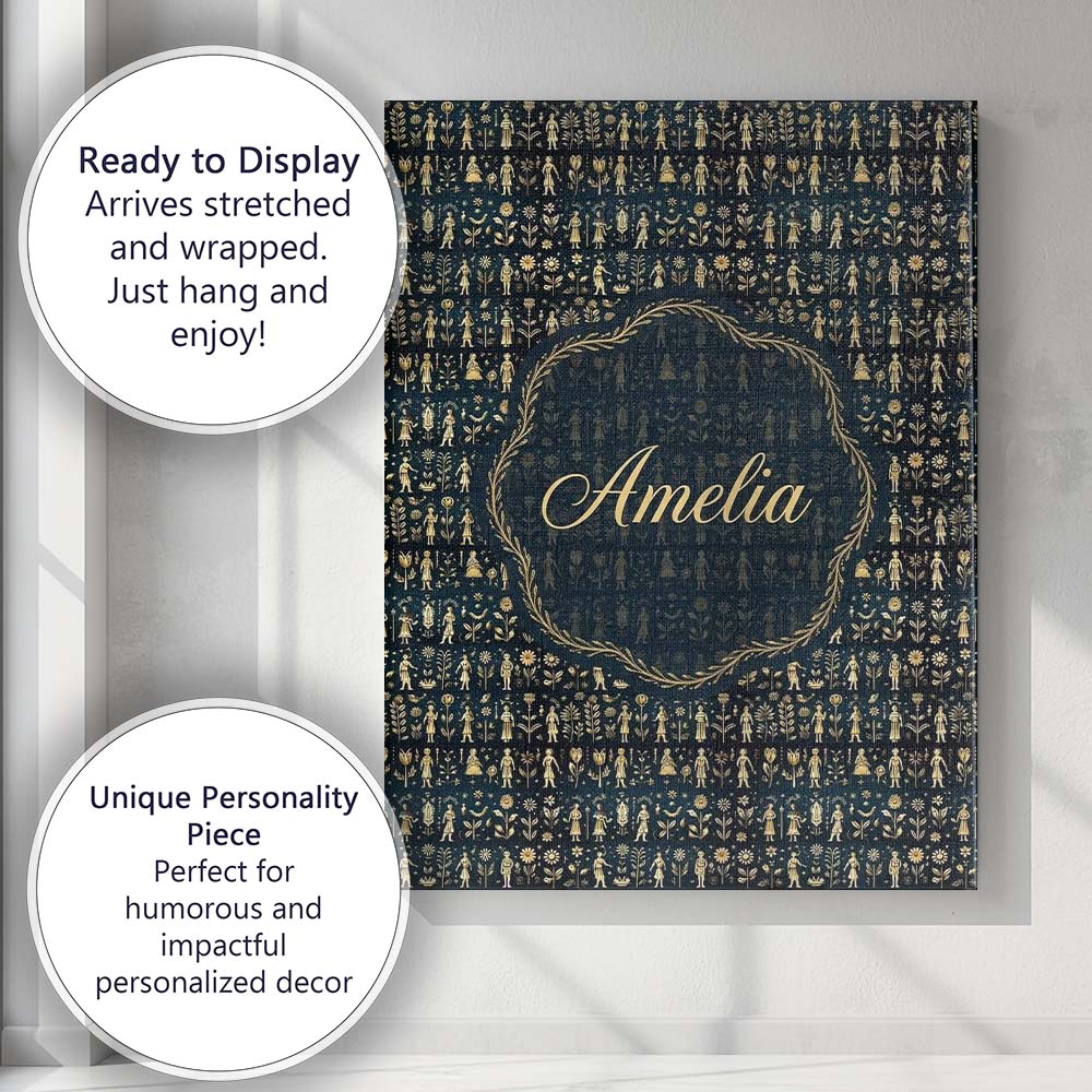 Personalised Name Gold Botanical Folk Custom Unique Gift Idea Modern Room Accent Canvas Wall Art Print Decor Picture Ready to Hang