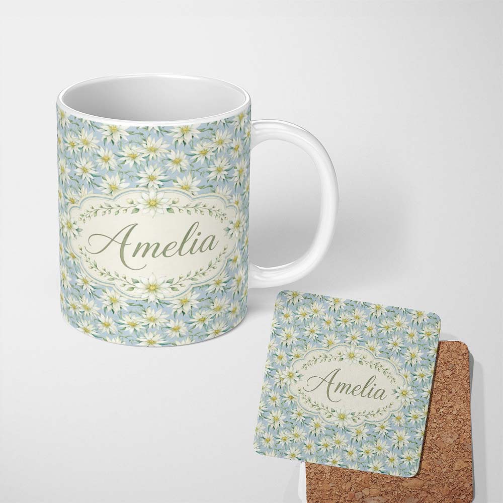 Personalized Custom Name White Floral on Soft Blue Background Seamless Pattern Lovely 11oz Ceramic Coffee Tea Mug White Large Handle