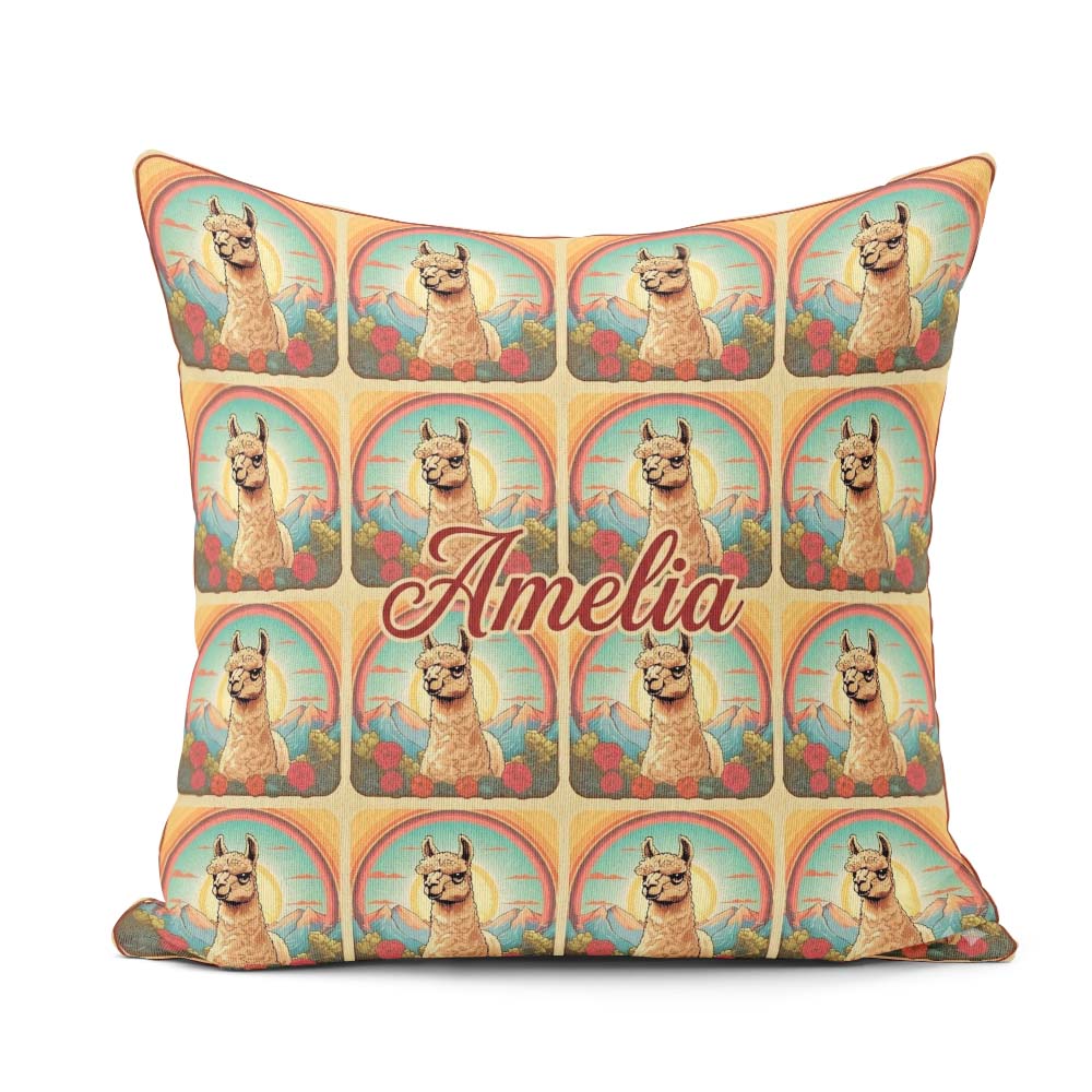 Custom Name Alpaca Rainbow Floral Pattern Artistic Animal Design Square Filled Cushion Throw Pillow Sofa Bed Home Decor Zip Washable UK Made