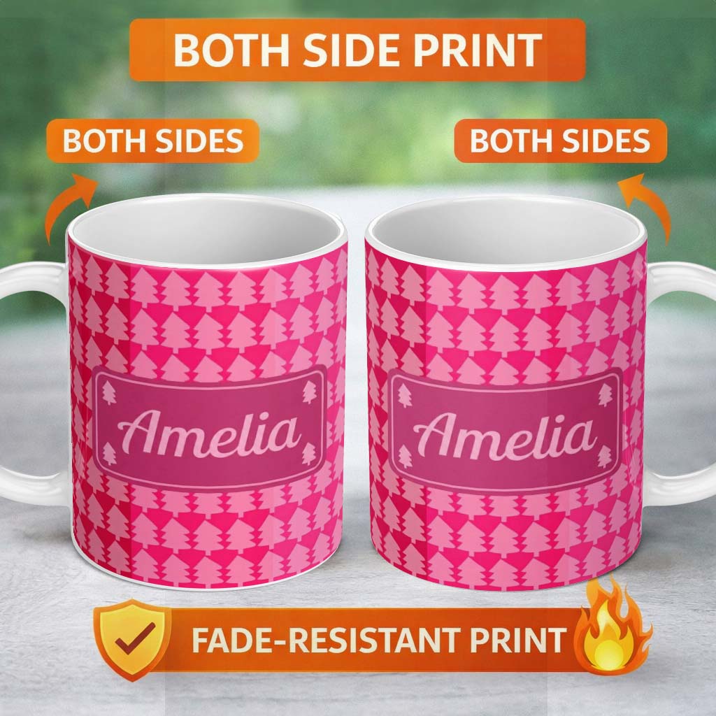 Personalized Custom Name Minimal Pink Christmas Trees Geometric Seamless Pattern Lovely 11oz Ceramic Coffee Tea Mug White Large Handle