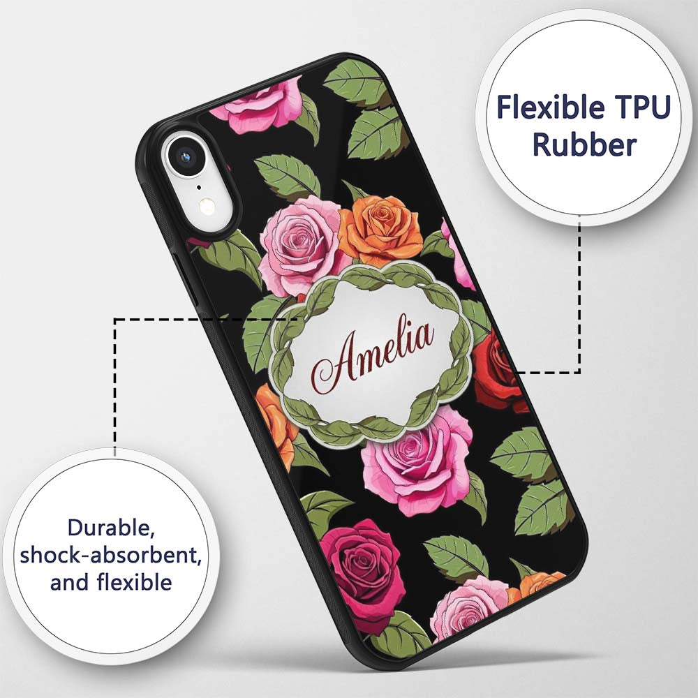 Realistic Rose Flower Seamless Pattern Red Pink Custom Name Protective Phone Case Mobile Cover Durable Everyday Smartphone Shock Resistant