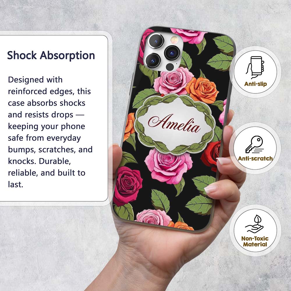 Realistic Rose Flower Seamless Pattern Red Pink Custom Name Protective Phone Case Mobile Cover Durable Everyday Smartphone Shock Resistant