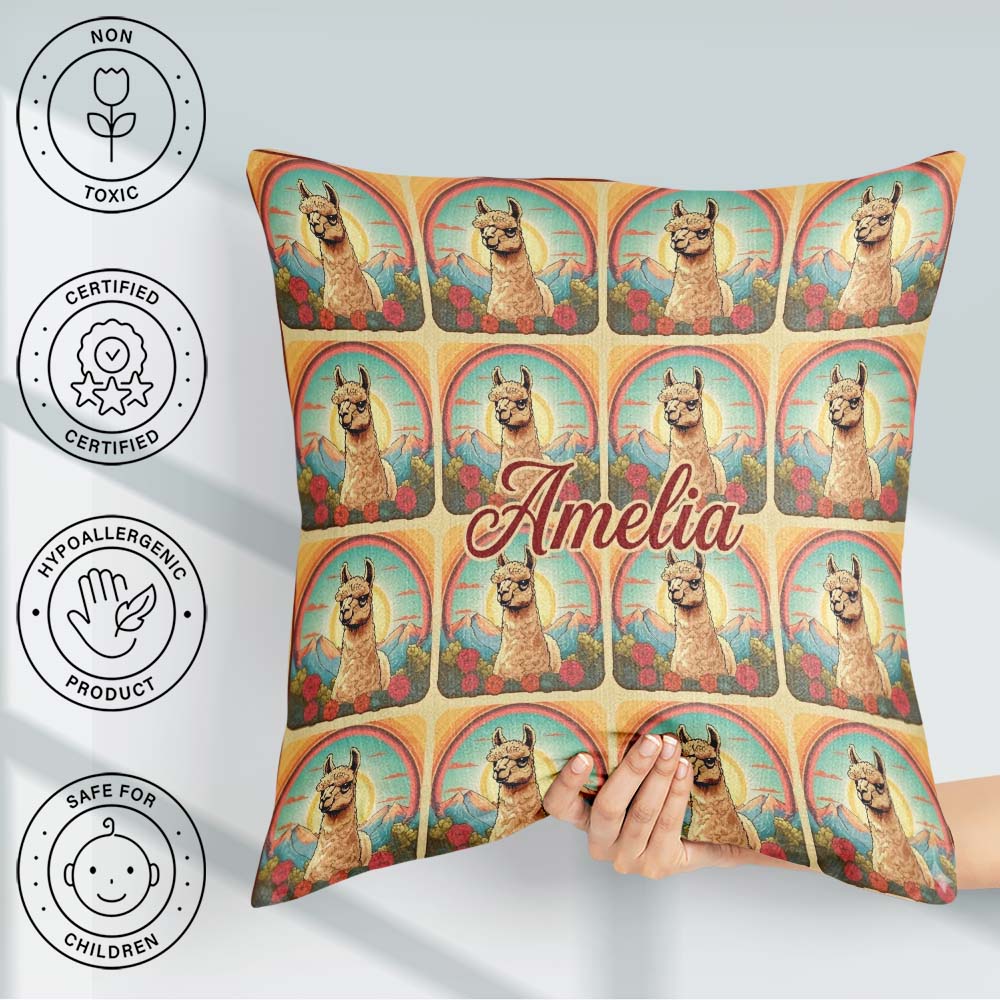 Custom Name Alpaca Rainbow Floral Pattern Artistic Animal Design Square Filled Cushion Throw Pillow Sofa Bed Home Decor Zip Washable UK Made