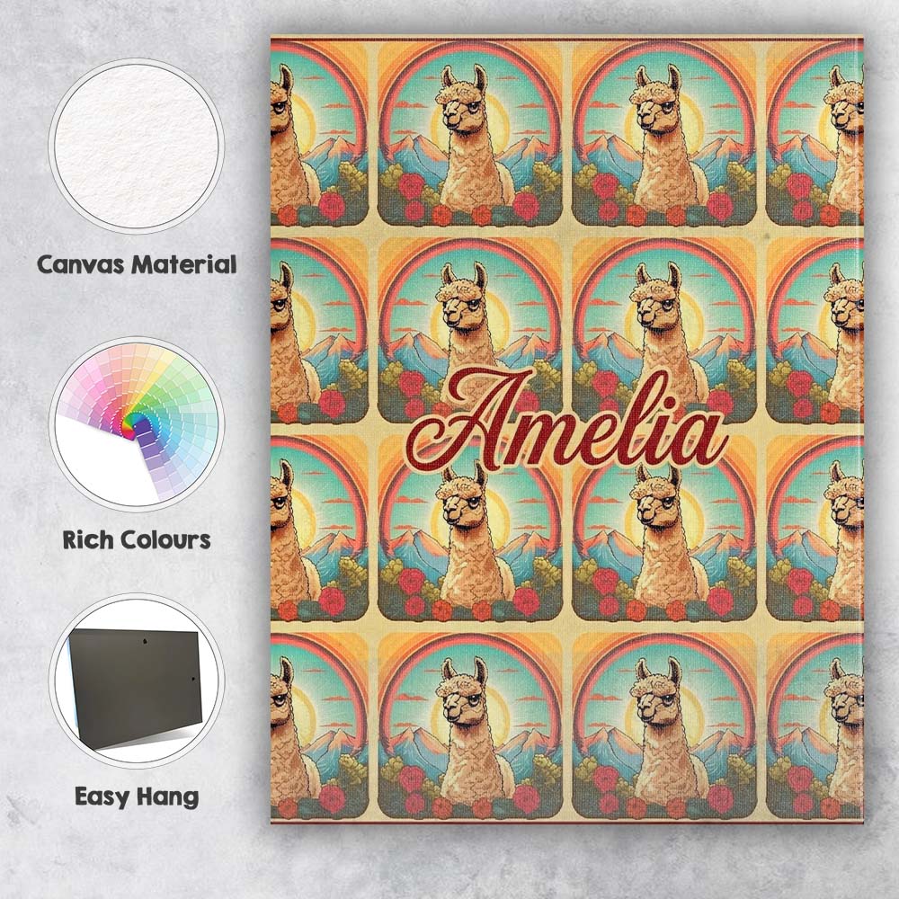 Personalised Name Alpaca Rainbow Floral Landscape Pattern Artistic Custom Unique Canvas Wall Art Print Decor Picture Ready to Hang