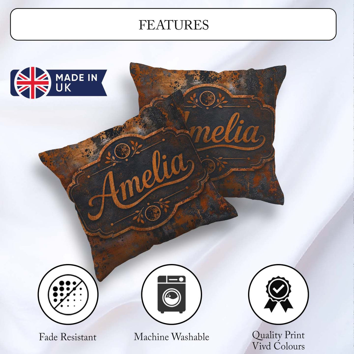 Custom Name Abstract Rust Paint Splatter Grunge Seamless Pattern Square Filled Cushion Throw Pillow Sofa Bed Home Decor Zip Washable UK Made
