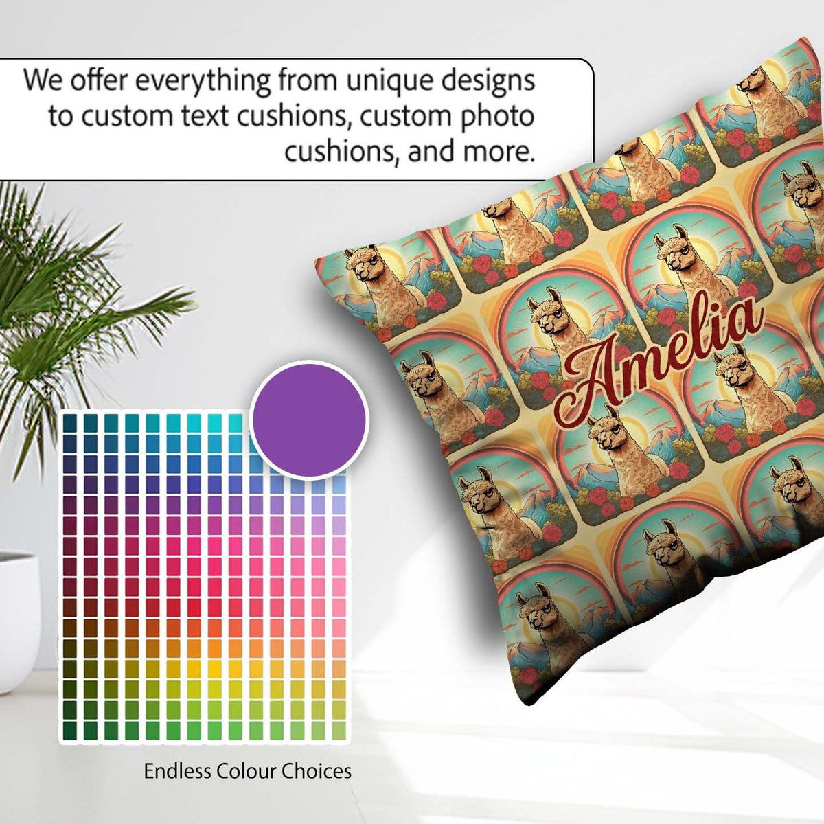 Custom Name Alpaca Rainbow Floral Pattern Artistic Animal Design Square Filled Cushion Throw Pillow Sofa Bed Home Decor Zip Washable UK Made