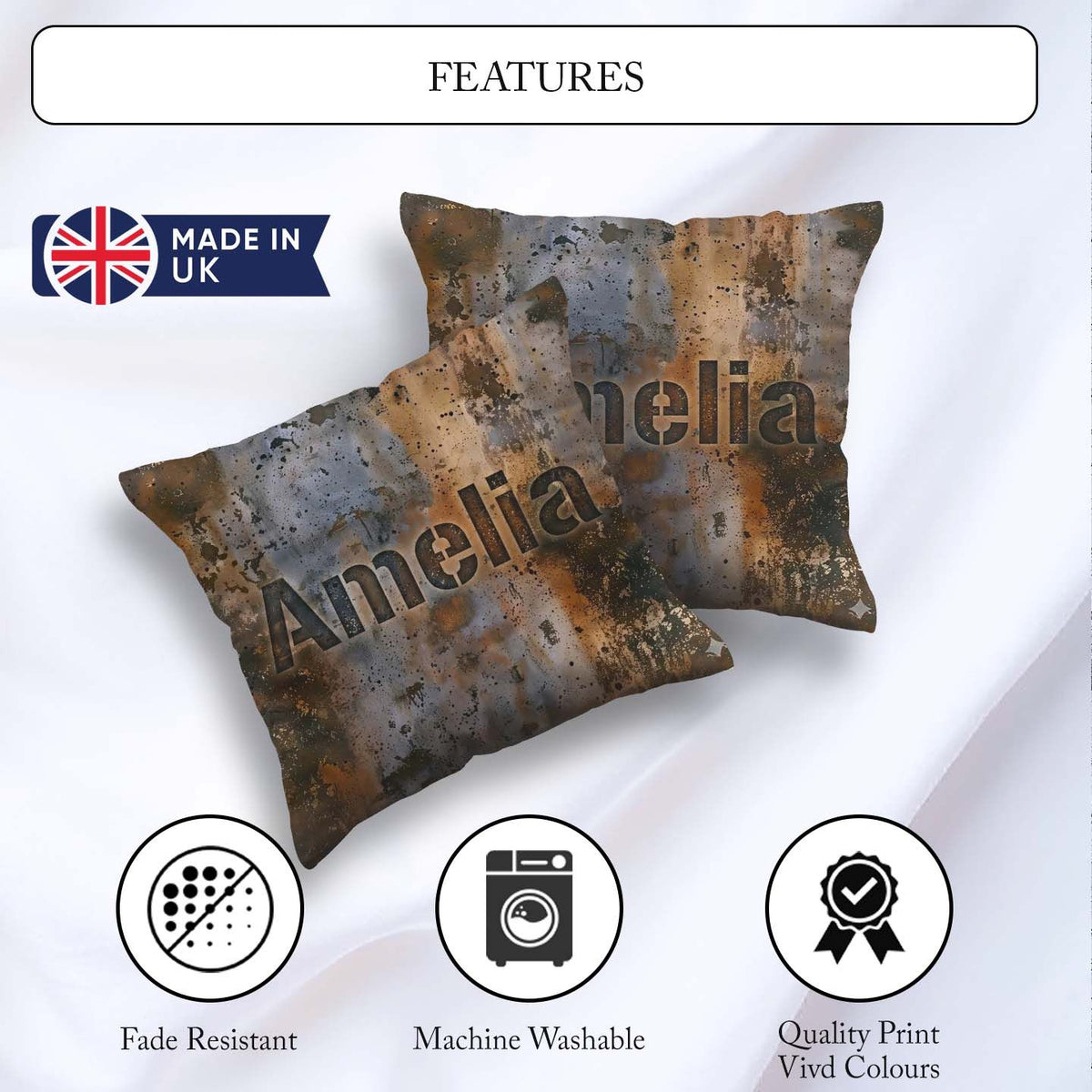 Custom Name Weathered Metal Rust Texture Seamless Pattern Grunge Square Filled Cushion Throw Pillow Sofa Bed Home Decor Zip Washable UK Made