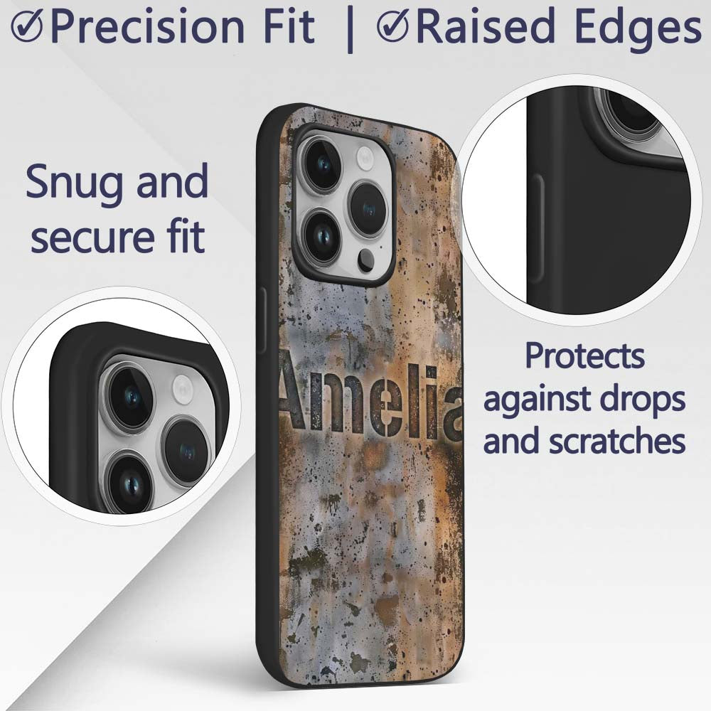 Weathered Metal Rust Texture Seamless Pattern Custom Name Protective Phone Case Mobile Cover Durable Everyday Smartphone Shock Resistant