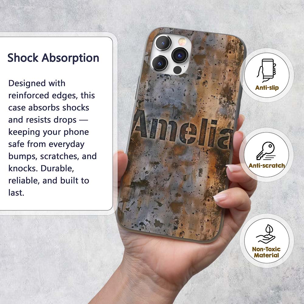 Weathered Metal Rust Texture Seamless Pattern Custom Name Protective Phone Case Mobile Cover Durable Everyday Smartphone Shock Resistant