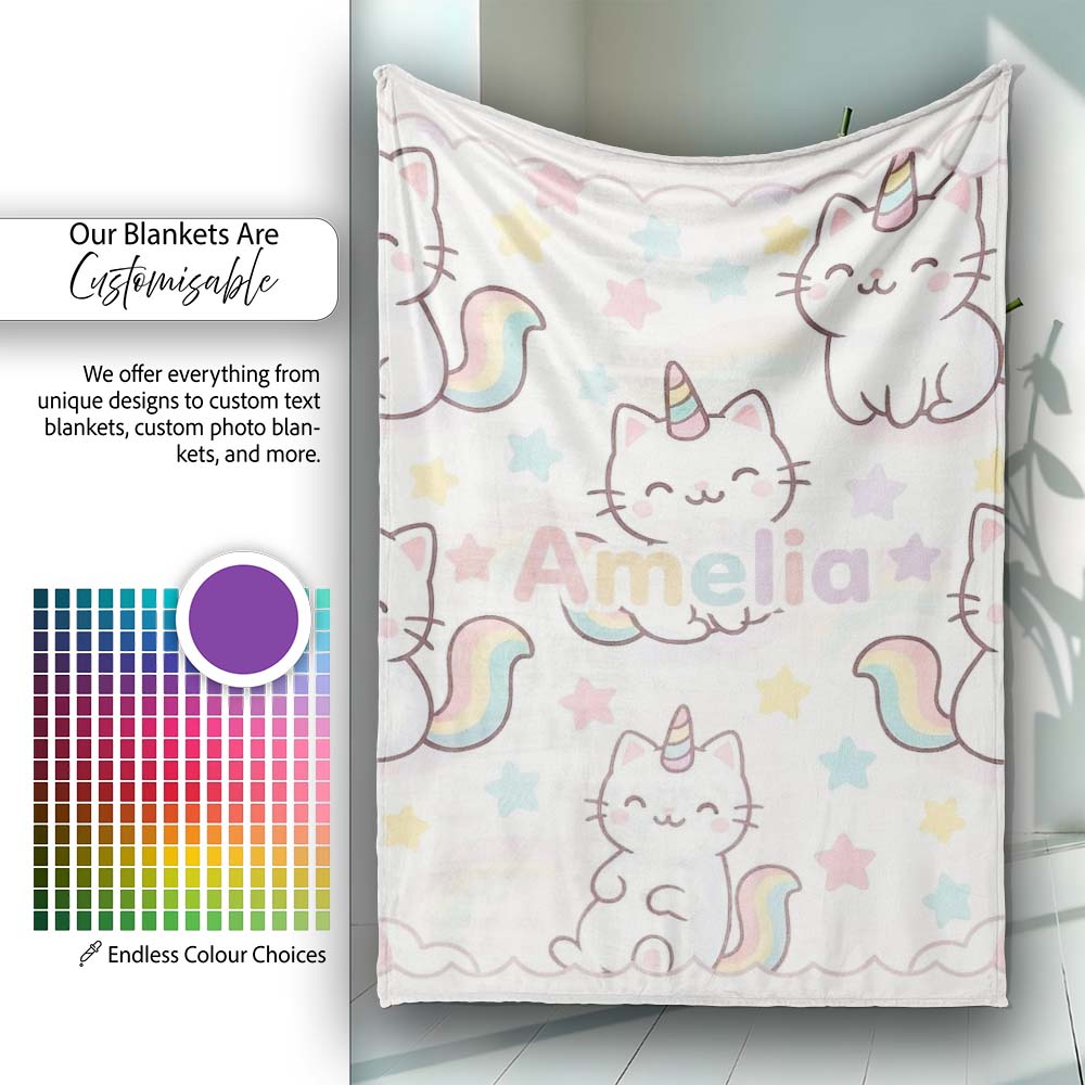 Cute Rainbow Unicorn Cat Cartoon Animal Pattern Perfect Gift for Her Personalised Custom Name Super Soft Fleece Blanket Bed Sofa Throw