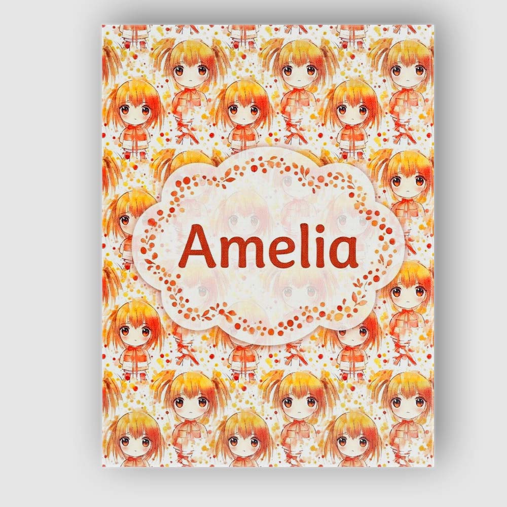 Personalised Name Cute Anime Girl Orange Watercolour Pattern Kawaii Custom Canvas Wall Art Print Decor Picture Ready to Hang