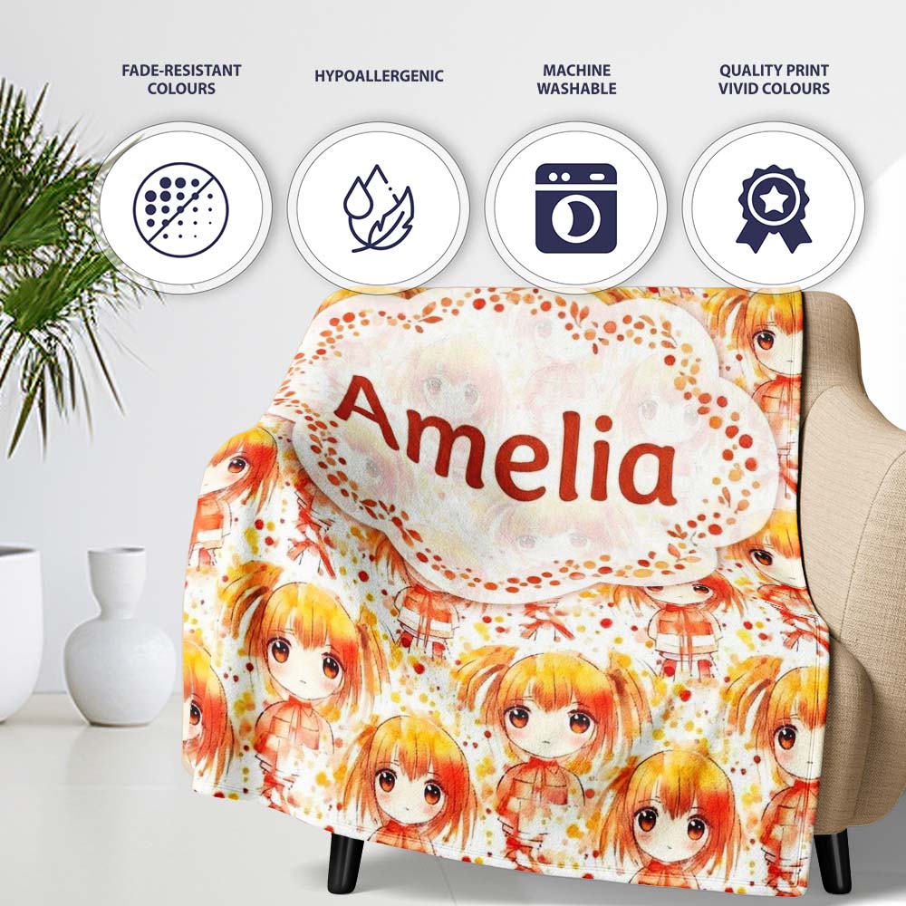 Cute Anime Girl Orange Watercolour Pattern Kawaii Character Design Personalised Custom Name Super Soft Fleece Blanket Bed Sofa Throw