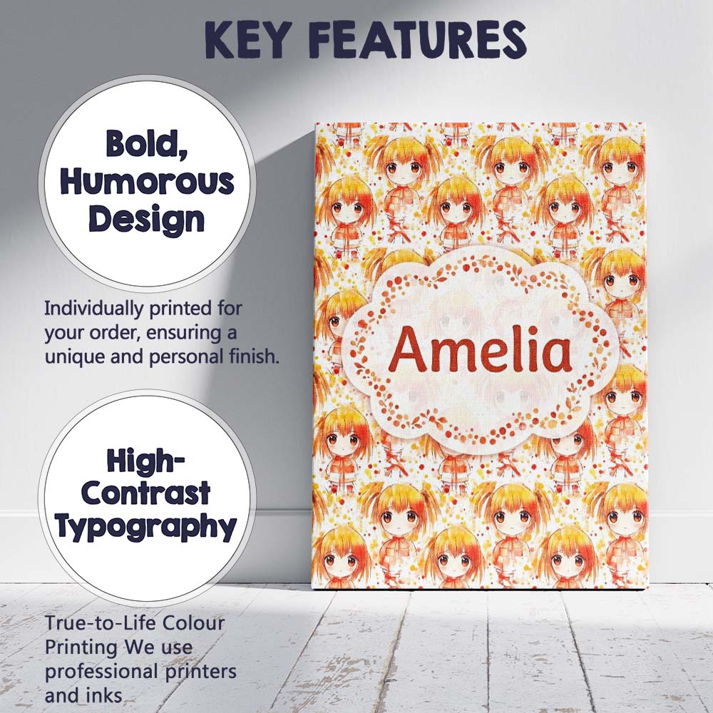 Personalised Name Cute Anime Girl Orange Watercolour Pattern Kawaii Custom Canvas Wall Art Print Decor Picture Ready to Hang