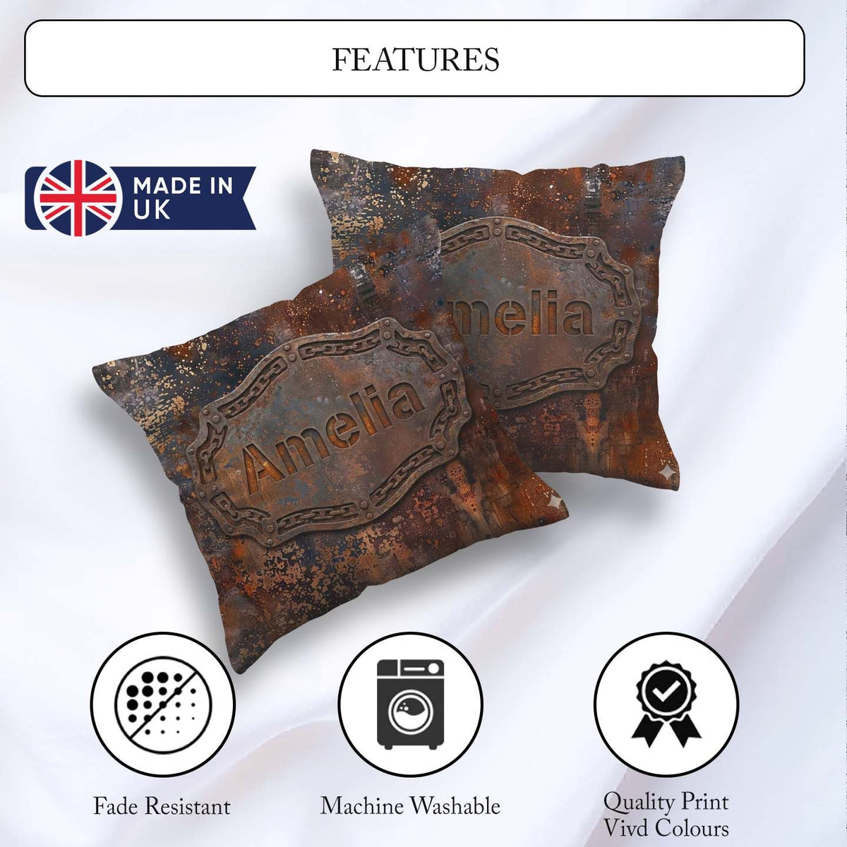Custom Name Corroded Metal Rust Texture Seamless Pattern Grunge Square Filled Cushion Throw Pillow Sofa Bed Home Decor Zip Washable UK Made