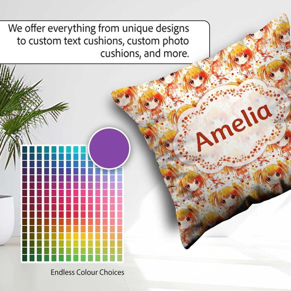 Custom Name Anime Girl Orange Watercolour Pattern Kawaii Design Square Filled Cushion Throw Pillow Sofa Bed Home Decor Zip Washable UK Made