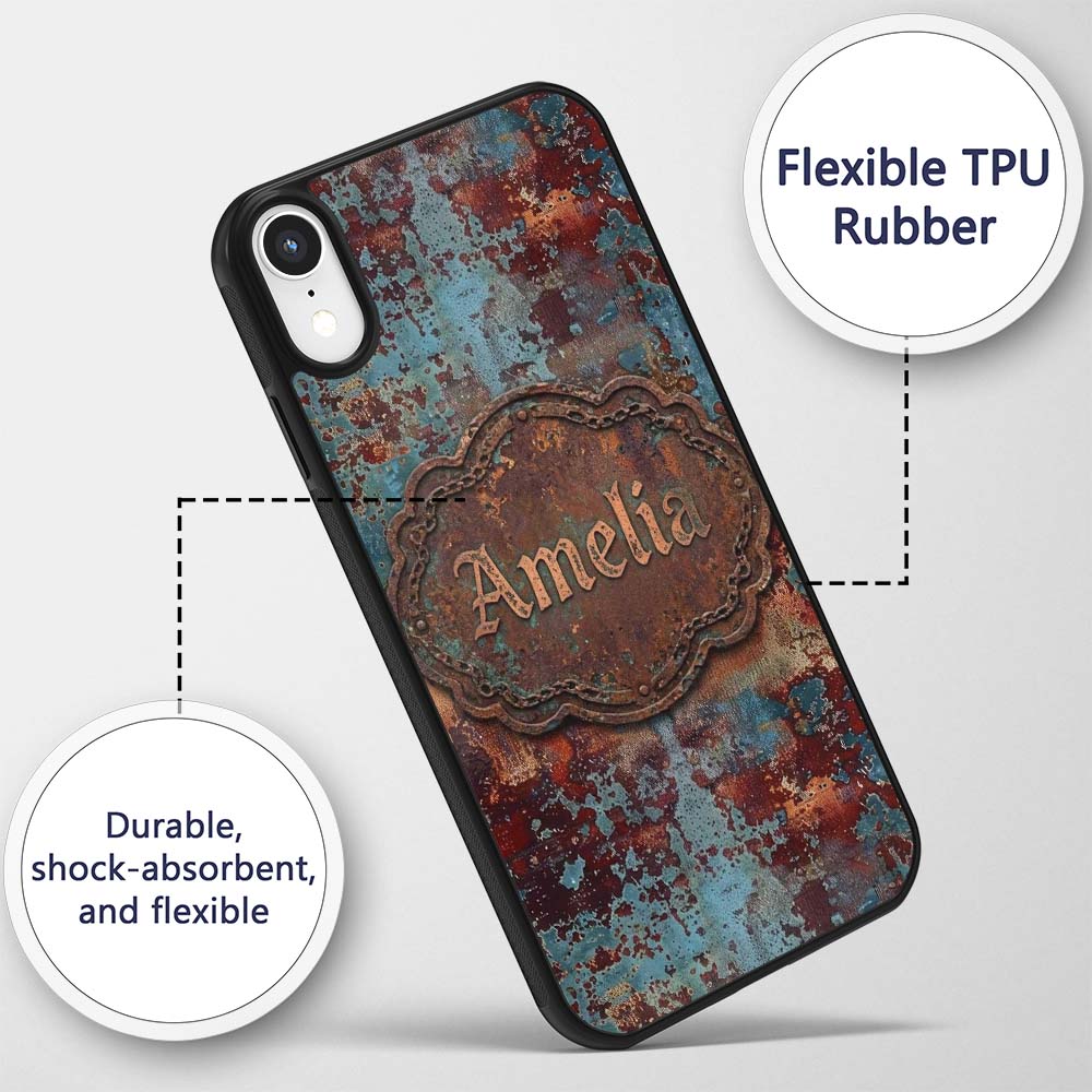 Abstract Rust Patina Texture Teal Blue Oxidised Custom Name Protective Phone Case Mobile Cover Durable Everyday Smartphone Shock Resistant