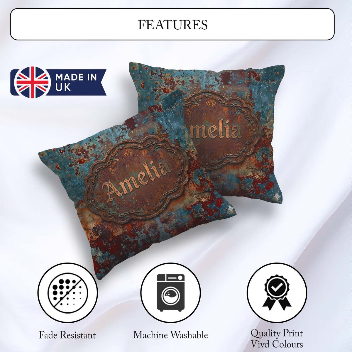 Custom Name Abstract Rust Patina Teal Blue Oxidised Metal Grunge Square Filled Cushion Throw Pillow Sofa Bed Home Decor Zip Washable UK Made