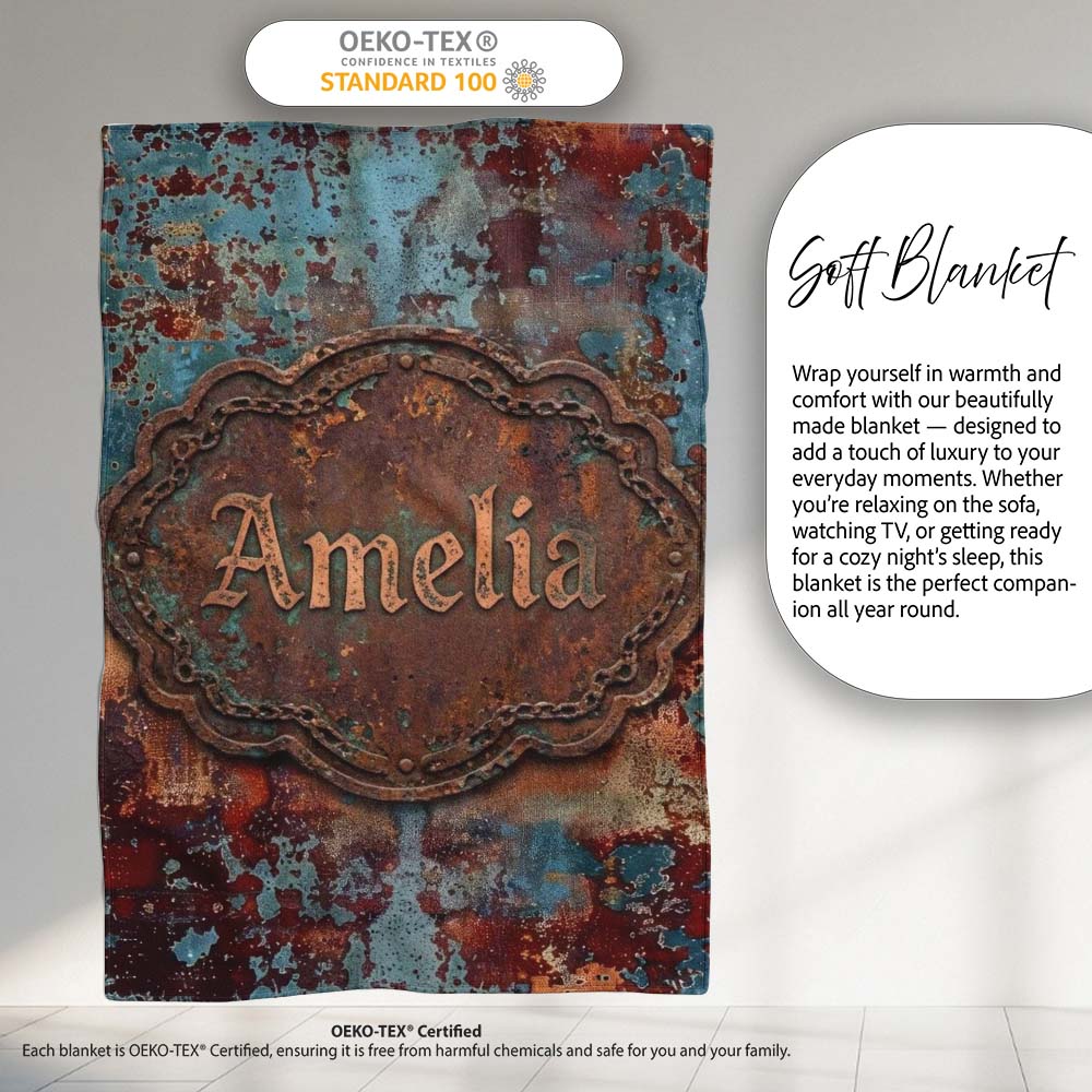 Abstract Rust Patina Texture Teal Blue Oxidised Metal Grunge Lovely Personalised Custom Name Super Soft Fleece Blanket Bed Sofa Throw