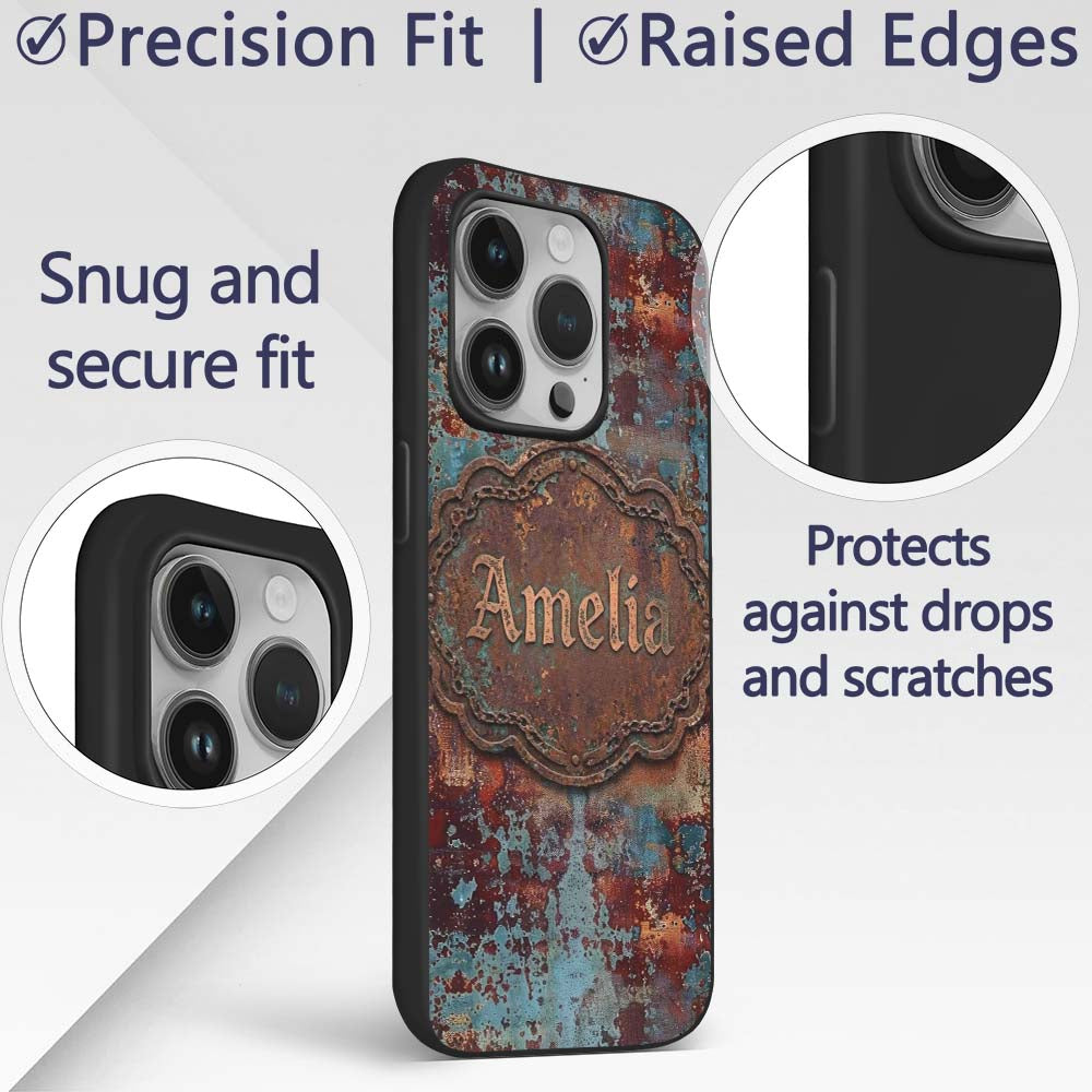 Abstract Rust Patina Texture Teal Blue Oxidised Custom Name Protective Phone Case Mobile Cover Durable Everyday Smartphone Shock Resistant