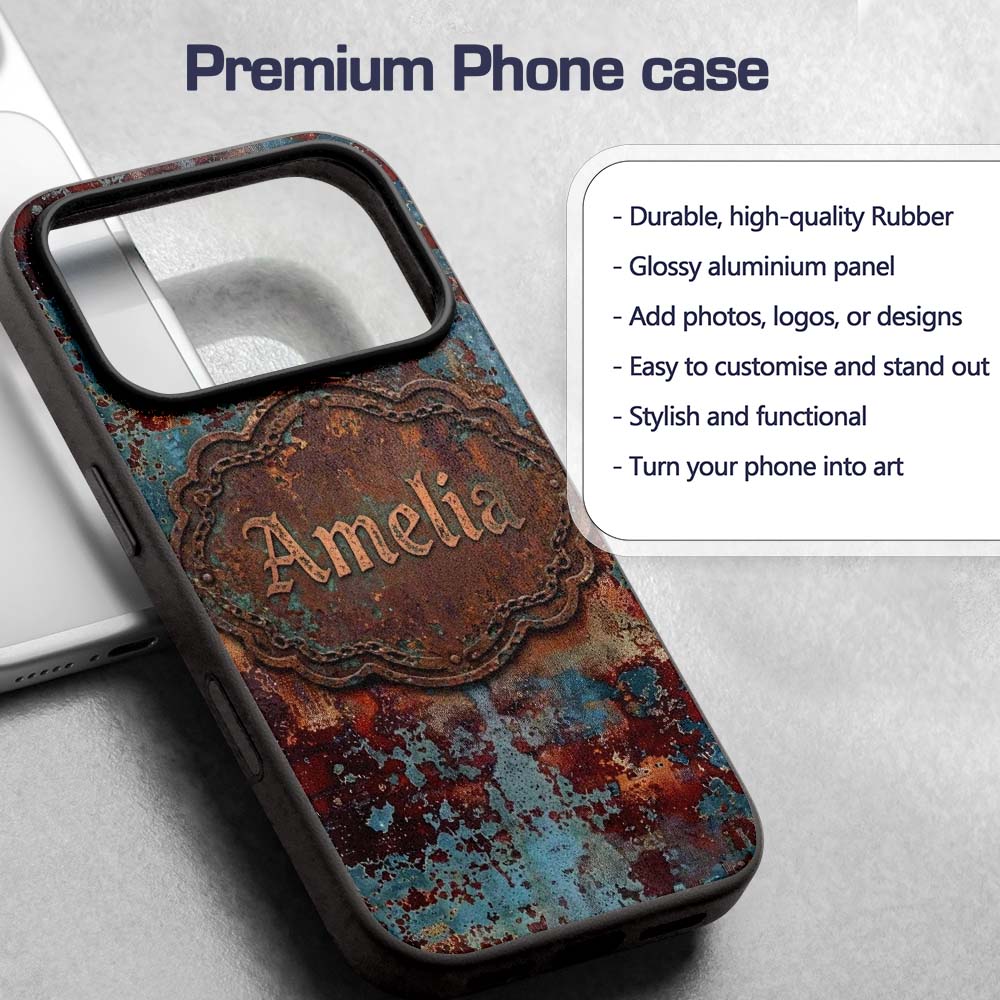 Abstract Rust Patina Texture Teal Blue Oxidised Custom Name Protective Phone Case Mobile Cover Durable Everyday Smartphone Shock Resistant